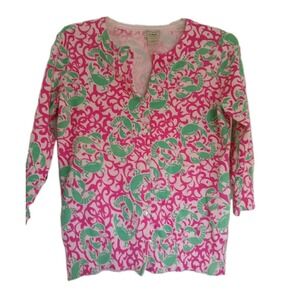women's ll bean Cotton Knit Crab Summer sweater Cardigan Size Medium
